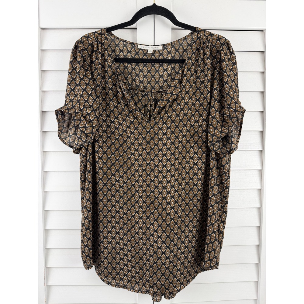 Daniel Rainn Blouse Women XL Black Brown Geometric Floral Short Sleeve Pleated
